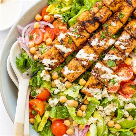 grilled tempeh greek salad with creamy vegan greek dressing this