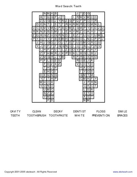 word search teeth worksheet    grade lesson planet
