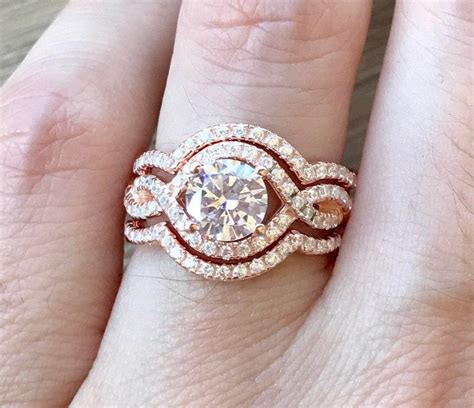 infinity twist engagement ring set rose gold engagement ring halo   bridal ring set