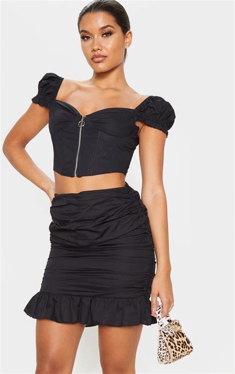 black woven ruched frill hem mini skirt prettylittlething aus