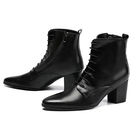 buy black soft leather ankle boots thick heels men shoes cowboy boots men high