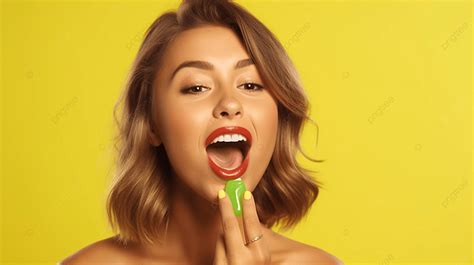 woman enjoying biting green candy on yellow background sweet food