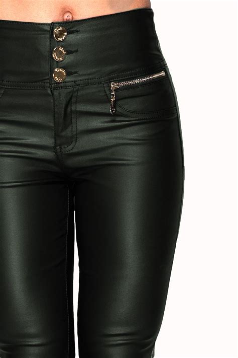 womens shiny wet faux leather pu high waist skinny slim jeans trousers