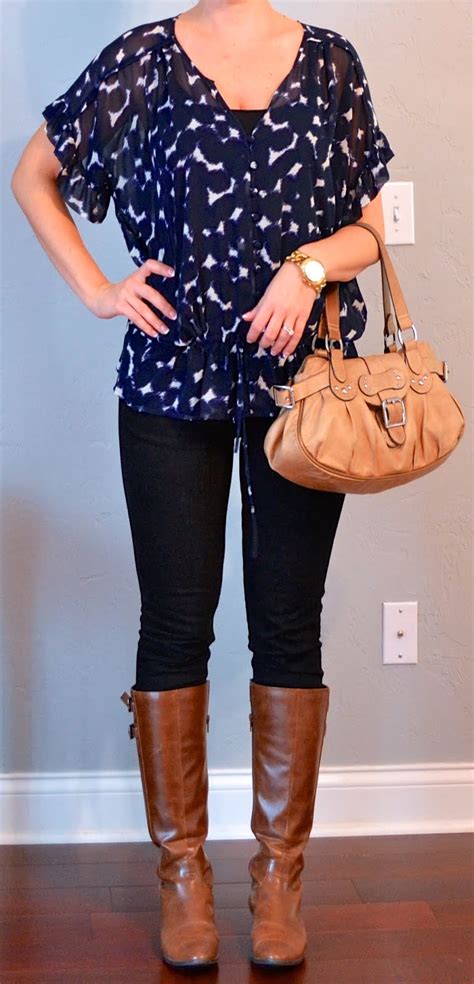 outfit post navy sheer patterned blouse black skinny jeans brown boots