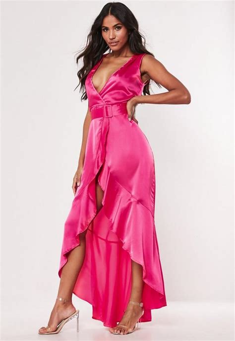 Hot Pink Satin Wrap Buckle Maxi Dress Missguided