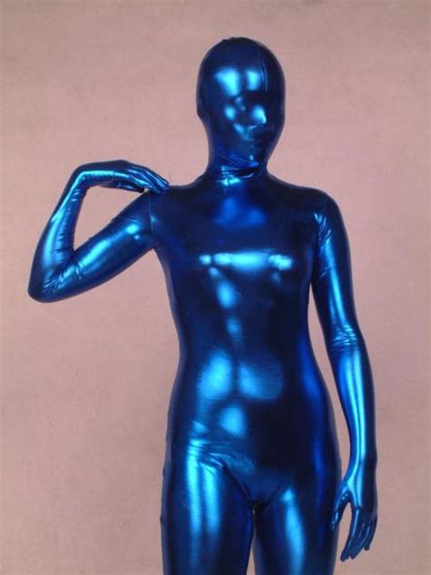 cosplay sea blue full body spandex latex rubber zentai suit catsuit