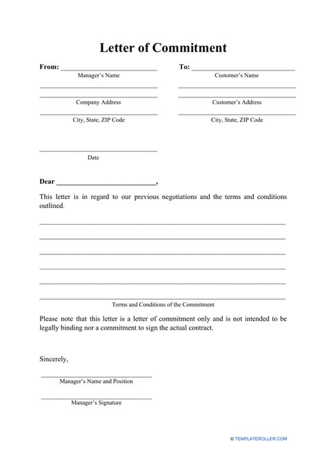 letter  commitment template  printable  templateroller
