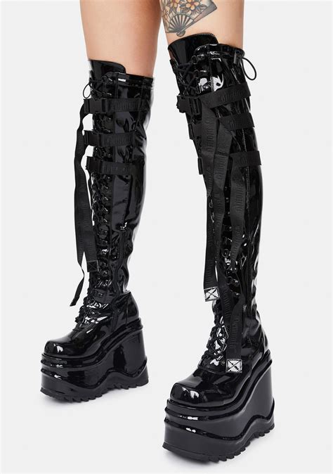 demonia wave  patent wedge thigh high boots dolls kill