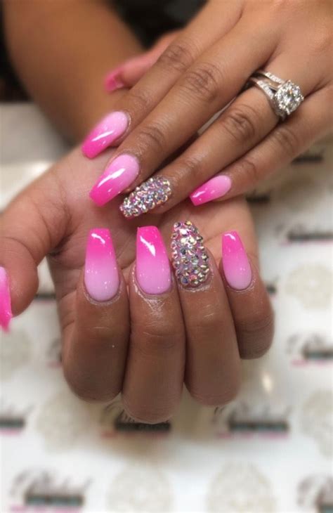 neon ombre pink nails  swarovski crystals pink powder nails