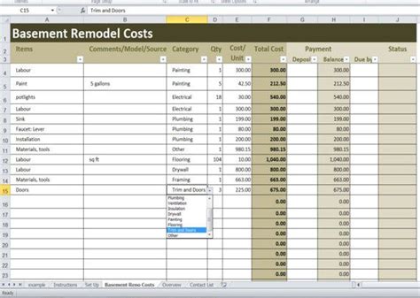 basement remodel costs calculator excel template renovation cost  budget tracker finish