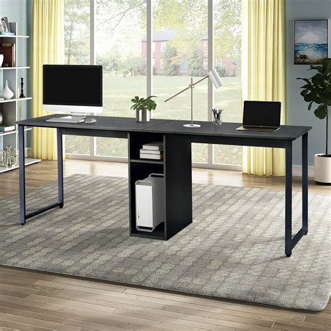 long office desk   person black large double workstation computer