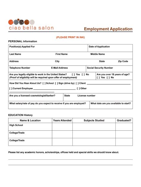 Download An Employment Application Ciao Bella Salon Fill And Sign