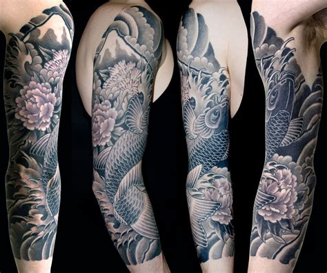 black grey flowers japanese koi sleeve tattoo slave   needle