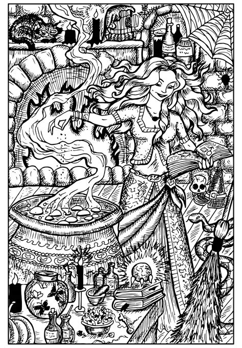 beautiful witch   cauldron halloween adult coloring pages