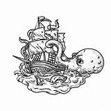 Kraken Attacking Ships Grayscale sketch template