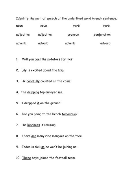 identifying parts of speech worksheet