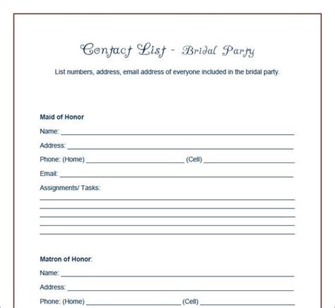 items similar  simple printable wedding party planner contact list