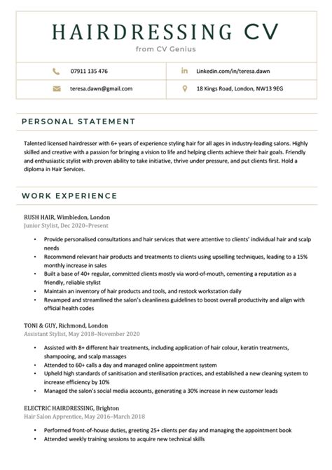 hairdressing cv example free template download and tips