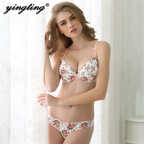 2017 sexy high quality women print bra set silk lace flower push up big