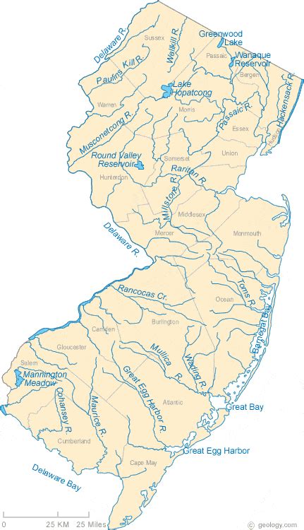 map   jersey lakes streams  rivers