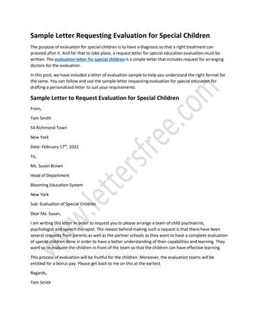 sample letter requesting evaluation  special children  sample