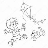 Kite Coloring Boy Cartoon Outline Dog Flying Running Kids Drawing Stock Book sketch template