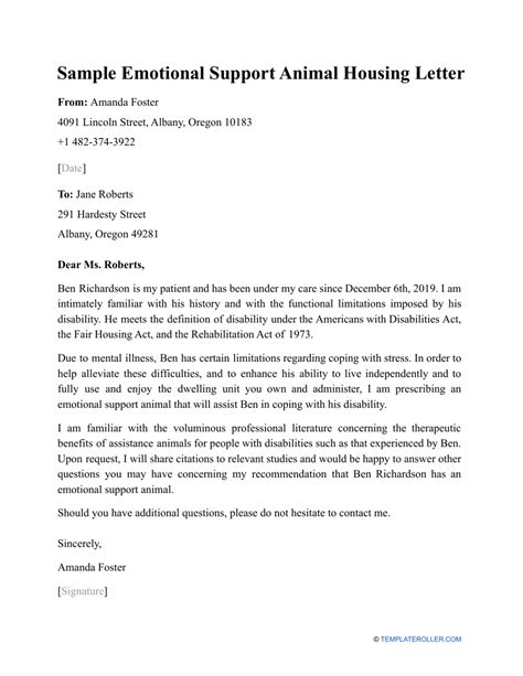 sample emotional support animal housing letter  printable