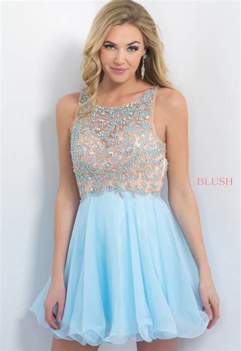 beaded a line modest sparkly short light blue homecoming dresses in