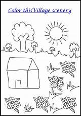 Coloring Kids Printable Scenery Village Worksheets Kid sketch template
