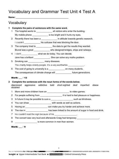 vocabulary grammar test unit  test