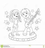 Singing Coloring Boy Girl Outline Song Kids Stage Guitar Cartoon Book 1300 74kb Vector sketch template