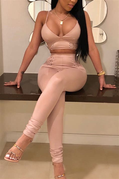 lovely pink leather pants plain  neck sleeveless sexy  pieceslw