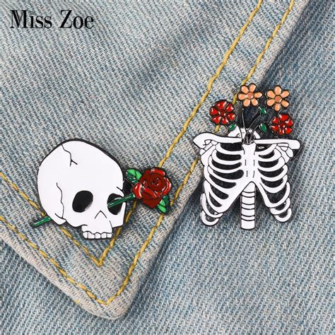 death love enamel pin skeleton rib cage rose flower badge brooch lapel