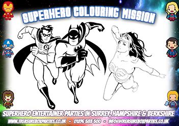 printable superhero colouring  childrens entertainer parties