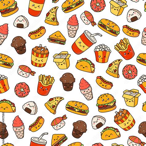 set  vector cartoon doodle icons junk food illustration  comic