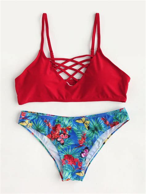Shop Butterfly Print Lattice Front Mix And Match Bikini Set Online Shein