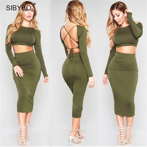 Sibybo Women Winter Dress 2017 Long Sleeve Two Piece Outfits Backless