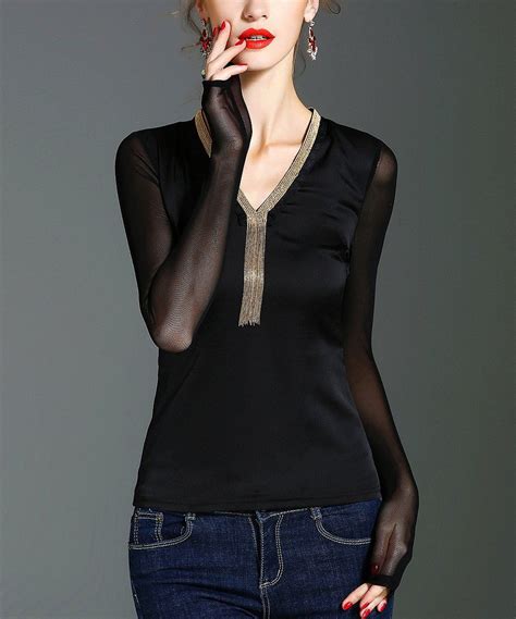 Take A Look At This Black And Gold Mesh Sleeve V Neck Top Women Today