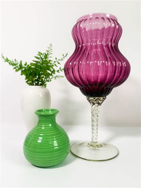 Mid Century Empoli Footed Vase Amethyst Bowl W Clear Stem Vintage
