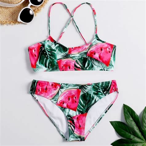 Bandage Bikini Watermelon Print Swimsuit Push Up Swimwear Female Print