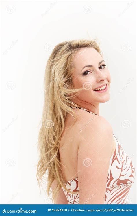 smiling woman    shoulder stock photo image
