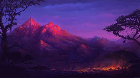 forest mountains colorful night trees fantasy artwork
