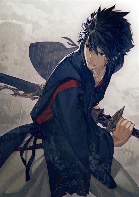 anime character holding  swords   rain