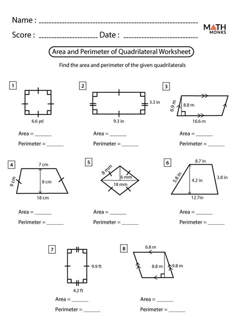 area perimeter  quadrilaterals worksheets math monks