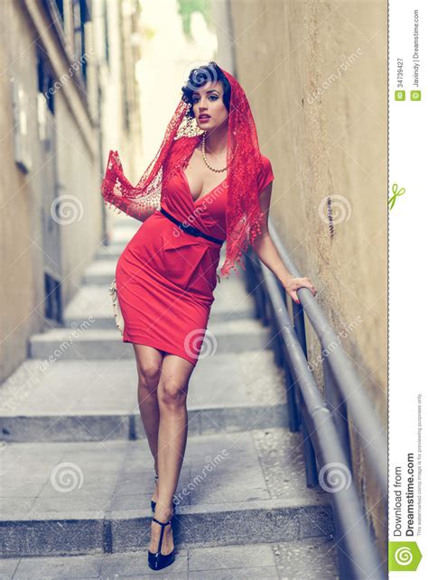 Beautiful Woman In Urban Background Vintage Style Stock