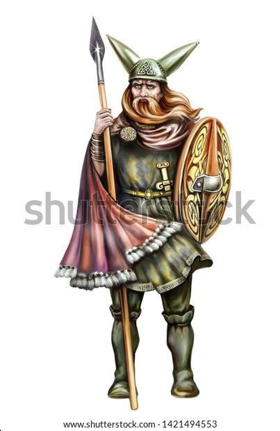 Celtic Warrior Helmet Horns Sword Spear Stock Illustration