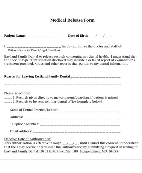 sample dental release forms  ms word