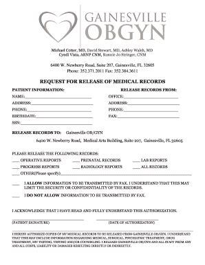 fl gainsville obgyn request  release  medical records fill