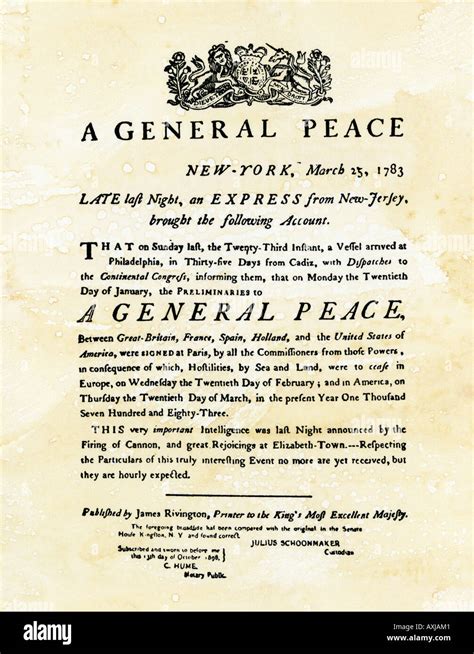 announcement  peace treaty   revolutionary war printed  stock photo  alamy