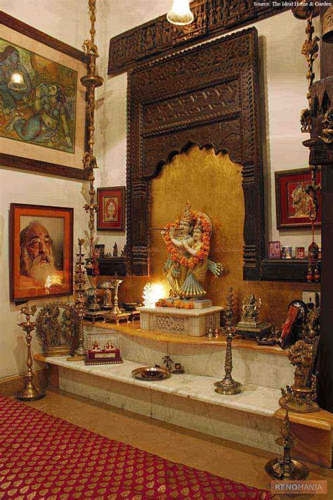 an elegant puja room with marble floor and hanging bells and idols   Home is where the ? is  